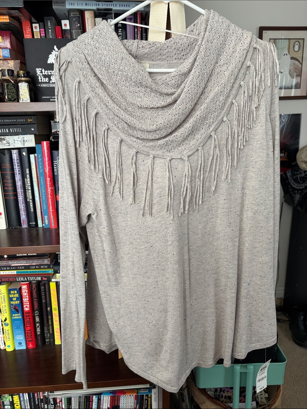 Style & Co. Beige Speckled Fringe Cowl Sweater